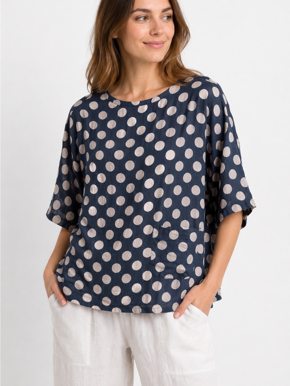 Yea Lagenlook Cotton Polka Dot Blouse S-M Blue Cream